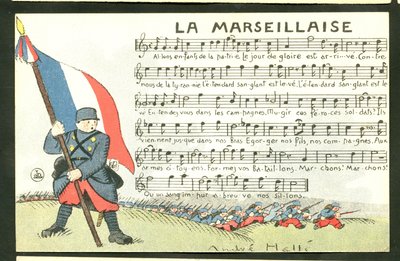 Cartolina, satirica a colori: La Marsigliese - Guerra del 14-18, illustrazione di canto di Andre Helle da Andre Helle