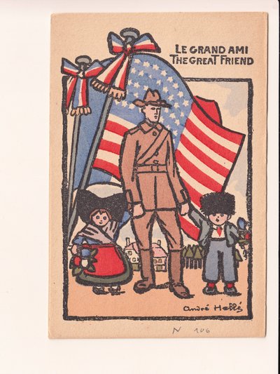 Cartolina, satirica a colori: Le grand ami il grande amico - Guerra del 14-18, America, Alsazia Lorena Illustrazione di Andre Helle (1875-1945) da Andre Helle