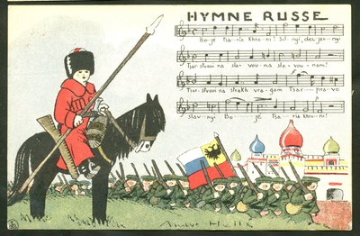 Cartolina, Satirico a Colori: Inno Russo - Guerra del 14-18, Russia, Canto - Illustrazione di Soldati di Andre Helle (1875-1945) da Andre Helle
