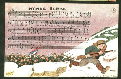 Cartolina, satirica a colori: Inno serbo - Guerra del 14-18, canzone, Serbia - Illustrazione dei soldati di Andre Helle (1875-1945) da Andre Helle