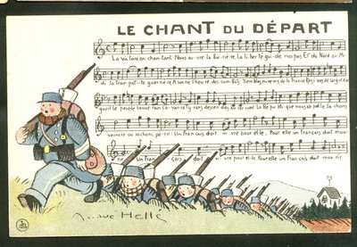 Cartolina, satirica a colori: Il canto della partenza - Guerra del 14-18, canto - Illustrazione dei soldati di André Hellé (1875-1945) da Andre Helle