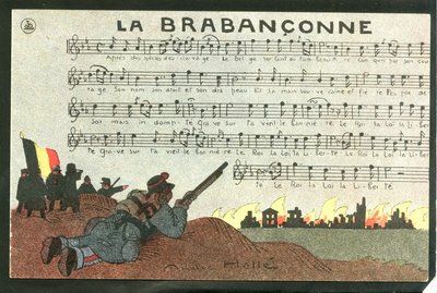 Cartolina, Satirica a Colori, circa 1915: La brabanconne - Guerra del 14-18, Belgio, Canto - Soldati Illustrazione di Andre Helle da Andre Helle