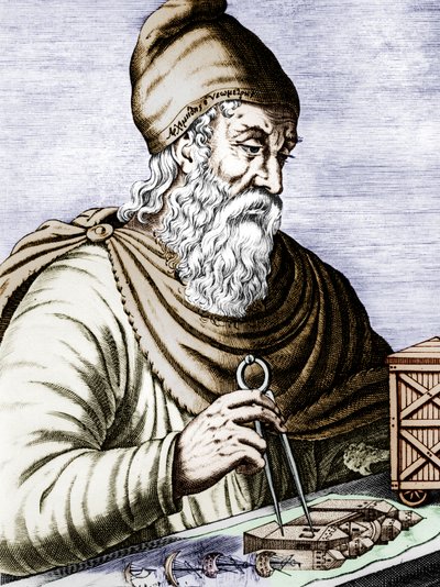 Archimede (287-212 a.C.), fisico e matematico greco siciliano, documento colorato inciso da Andre Thevet
