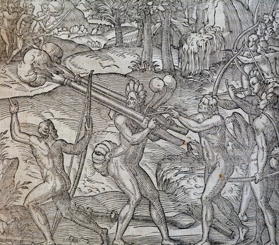 Battaglia tra nativi in Canada, incisione da Cosmographie Universelle da Andre Thevet