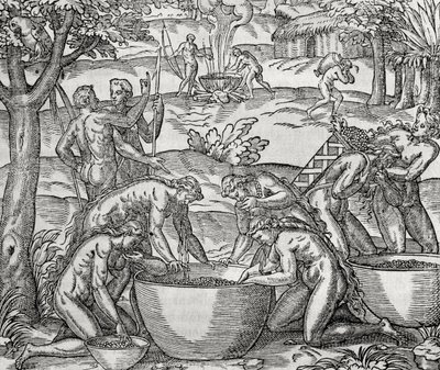 Cap de Frie, donne che preparano cibo, incisione, Sud America da Andre Thevet