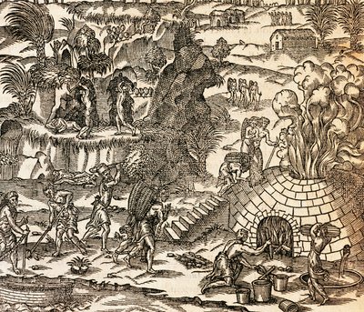 Schiavi indiani che lavorano in una miniera a Cuba, illustrazione dalla Cosmografia di André Thevet, incisione da Andre Thevet