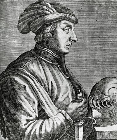 Ritratto di Castruccio Castracani (ca 1281-1328), Signore di Lucca, incisione da Les Vrais pourtraits et Vies des Hommes illustres da Andre Thevet