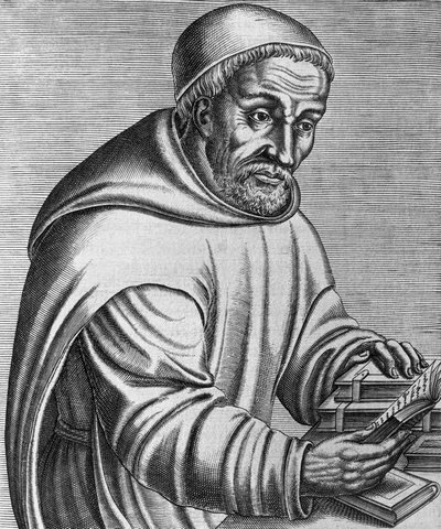Ritratto di Rabano Mauro Magnentio (morto 856), monaco benedettino e teologo tedesco, incisione da Les vrais pourtraits et vies des hommes illustres grecz, latins et payens, di Andre Thevet da Andre Thevet
