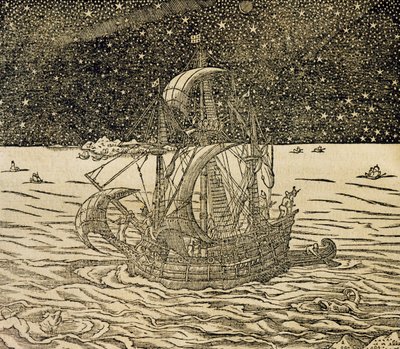 Marinai che seguono la rotta settentrionale, incisione da Cosmologia Universale, di Andre Thevet (1504-1592), Parigi da Andre Thevet