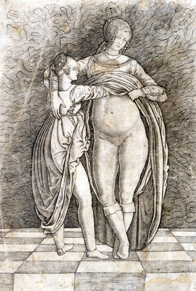 Una giovane ragazza sveste una donna. Incisione di Andrea Zoan. XV secolo. da Andrea (attr. to) Zoan