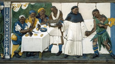 (dettaglio) dei poveri che ricevono cibo da Andrea (workshop of) Della Robbia