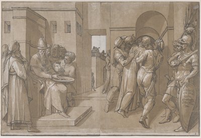 Pilato a sinistra che si lava le mani lato sinistro del foglio, 1585 da Andrea Andreani