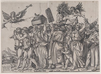 Sezione A: un angelo che tiene una croce in alto a sinistra, Adamo ed Eva sotto, dal Trionfo di..., 1836 da Andrea Andreani