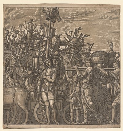 Il trionfo di Giulio Cesare: Soldati che marciano con trofei di guerra da Andrea Andreani