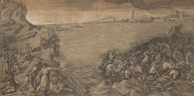 Il passaggio del Mar Rosso, Mosè sta a sinistra indicando l