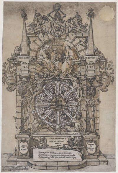 Trionfo della Morte con tre Parche in una cornice architettonica sopra una ruota della fortuna, 1588 da Andrea Andreani