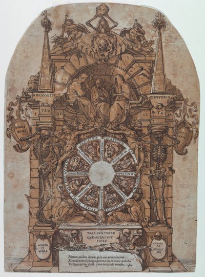 Trionfo della morte con tre destini in una cornice architettonica sopra una ruota della fortuna fiancheggiata da scheletri; un teschio e una clessidra in alto e con ruota destinata a girare al centro da Andrea Andreani