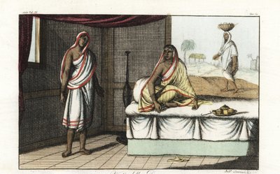 Diversi tipi di sari e abiti indossati dalle donne indiane. Donna di distinzione in sari e velo seduta sul divano, e donna di rango inferiore in sari corto. Incisione a colori disegnata e incisa da Andrea Bernieri dopo François Solvyns da Giulio Ferrari da Andrea Bernieri