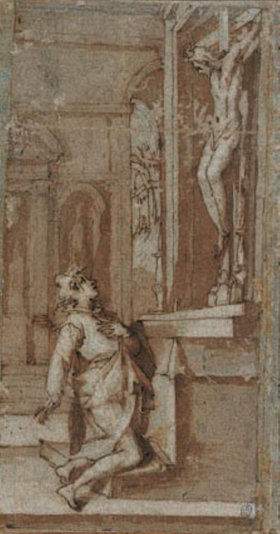 Cristo sul crocifisso a San Miniato inclina la testa verso San Giovanni Gualberto da Andrea Boscoli