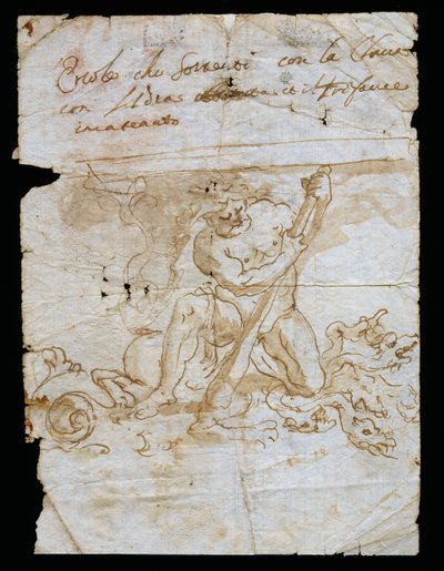 Schizzo di design per portavaso, base raffigurante Ercole con Idra e Cerbero, Andrea Brustolon (1662-1732), acquerello su carta bianca, Italia da Andrea Brustolon