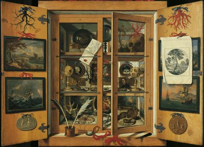 Gabinetto delle curiosità (con porte di vetro) con vari oggetti, di Andrea Dominico Remps da Andrea Domenico Remps