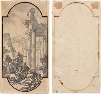 Figure vicino alle rovine di un tempio corinzio (recto); Frammento di un arco (traccia dal recto) (verso) da Andrea Locatelli