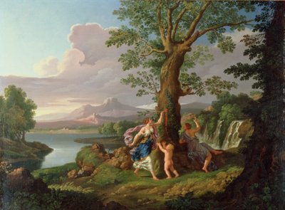 Paesaggio fluviale con una ninfa che coglie un ramo da un albero sanguinante da Andrea Locatelli