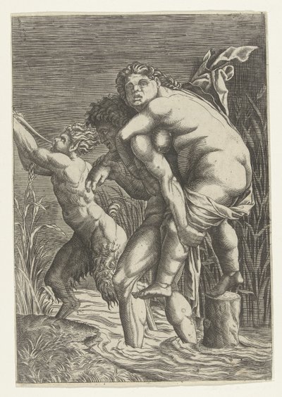 Uomo porta donna sulla schiena e un satiro da Andrea Mantegna (school of)