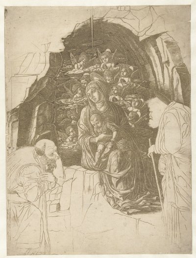 Maria con bambino circondata da angeli in una grotta con Giuseppe e re in adorazione da Andrea Mantegna (school of)