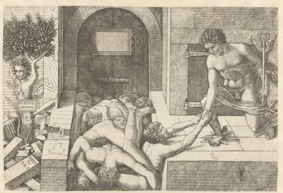 Mercurio come personificazione della Virtù salva anime nel limbo e Dafne si trasforma in albero da Andrea Mantegna (school of)