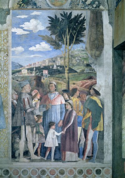 Arrivo del Cardinale Francesco Gonzaga, accolto dal padre Marchese Ludovico Gonzaga III e dai suoi fratelli (dalla Camera degli Sposi o Camera Picta) da Andrea Mantegna