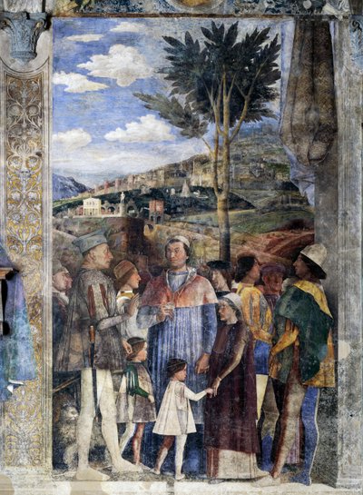 L. Gonzaga, i suoi figli Cardinale Francesco Gonzaga, Federico I Gonzaga, Francesco, Sigismondo, a destra, Imperatore del Sacro Romano Impero Federico III, Cristiano I di Danimarca, Incontro sul muro (dettaglio) da Andrea Mantegna