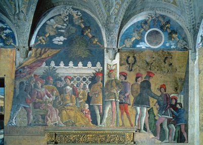 Marchese Ludovico Gonzaga III, sua moglie Barbara di Brandeburgo, i loro figli, cortigiani e il loro cane Rubino, dalla Camera degli Sposi o Camera Picta, 1465-74 da Andrea Mantegna