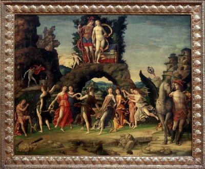 Marte e Venere o Il Parnaso. Dipinto che raffigura Marte e Venere sulla Roccia, Pegaso e Mercurio, Apollo e le nove muse Calliope (poesia epica), Clio (storia), Erato (arte lirica), Euterpe (musica), Melpomene (tragedia), Polimnia (retorica), Tersicore da Andrea Mantegna