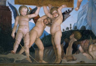 Putti con ali di farfalla che tengono una targa dedicatoria (dettaglio). 1465-74 da Andrea Mantegna