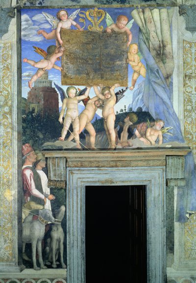 Putti con ali di farfalla che sorreggono la targa dedicatoria con cani da caccia e i loro conduttori (dalla Camera degli Sposi o Camera Picta) da Andrea Mantegna