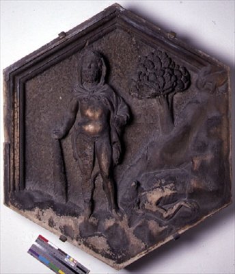 Caino e Abele, piastrella decorativa esagonale da una serie che illustra episodi della Genesi, possibilmente basata su disegni di Giotto (c.1266-1337) c.1334-48 (marmo) da Andrea Pisano