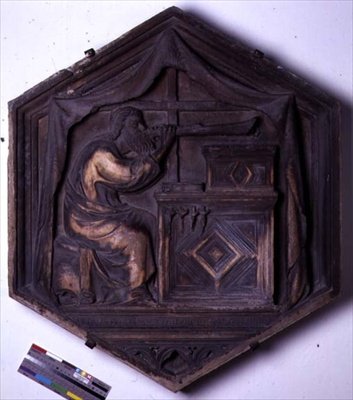 Musica, piastrella decorativa esagonale da una serie che raffigura le Sette Arti Liberali, probabilmente basata su disegni di Giotto c.1334-48 da Andrea Pisano