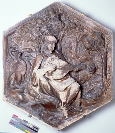 Poesia, piastrella decorativa esagonale da una serie che raffigura le Sette Arti Liberali, probabilmente basata su disegni di Giotto c.1334-48 da Andrea Pisano