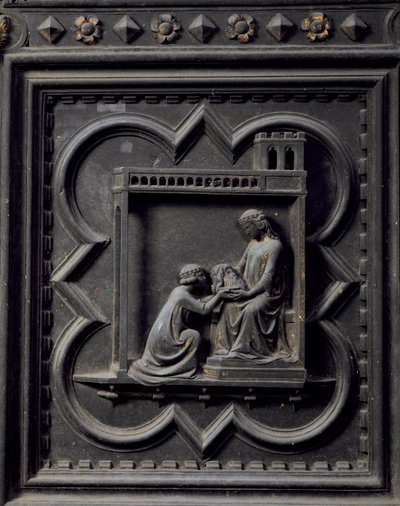 Salome Porta la Testa di San Giovanni Battista a sua Madre Erodiade, Moglie di Erode, diciottesimo pannello delle Porte Sud del Battistero di San Giovanni, 1336 da Andrea Pisano