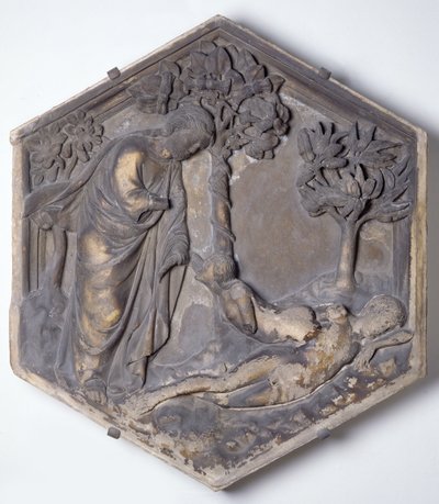 La Creazione di Eva, piastrella decorativa esagonale da una serie che illustra episodi della Genesi, possibilmente basata su disegni di Giotto (c.1266-1337) c.1334-48 da Andrea Pisano