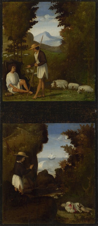 Scene dalle Ecloghe di Tebaldeo. Tirsis trova il corpo di Damon, c. 1510 da Andrea Previtali