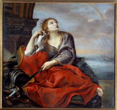 Didone, regina di Cartagine, abbandonata da Enea. Punta la spada verso il ventre in segno di disperazione. da Andrea Sacchi