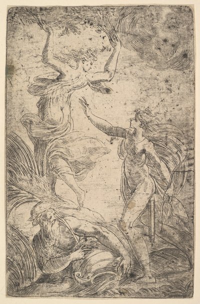 Apollo a destra con un arco che insegue Dafne a sinistra da Andrea Schiavone