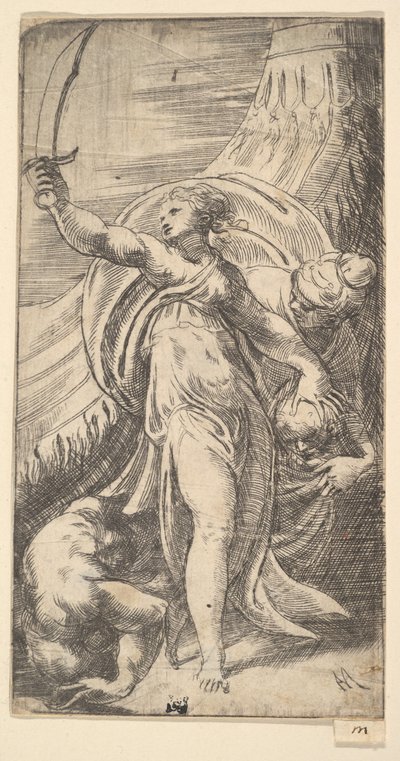 Giuditta con la spada alzata nella mano destra, che pone la testa di Oloferne nel sacco, ca. 1542-45 da Andrea Schiavone