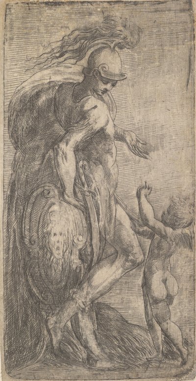 Marte in piedi a sinistra appoggiato a uno scudo, Cupido a destra, ca. 1542-46 da Andrea Schiavone