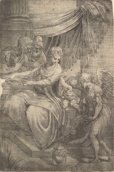 La Sacra Famiglia, un angelo che tiene fiori si avvicina da destra, ca. 1550-53 da Andrea Schiavone