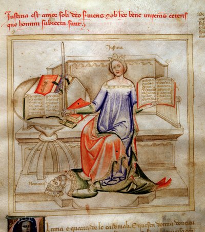 Allegoria della Giustizia in "Canzone delle sette virtù e delle sette arti liberali destinata a Bruzio Visconti" (La Canzone delle Virtù e delle Scienze) di Bartolomeo di Bartoli. Acquerello di Andrea di Bartoli (attivo tra il 1358 e il 1368) da Andrea de Bartoli