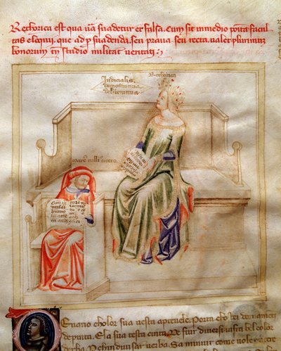 Allegoria della Retorica in "Canzone delle sette virtù e delle sette arti liberali destinata a Bruzio Visconti" (La Canzone delle Virtù e delle Scienze) di Bartolomeo di Bartoli. Acquerello di Andrea di Bartoli (attivo tra il 1358 e il 1368) da Andrea de Bartoli