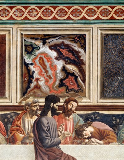 Ultima cena, dettaglio di Pietro, Gesù e Giovanni addormentati, con Giuda da Andrea del Castagno